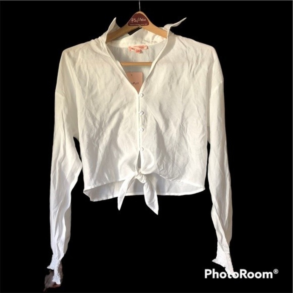Peach Puff White Tie Front Cropped Blouse Lightweight Long Sleeve Women’s Small